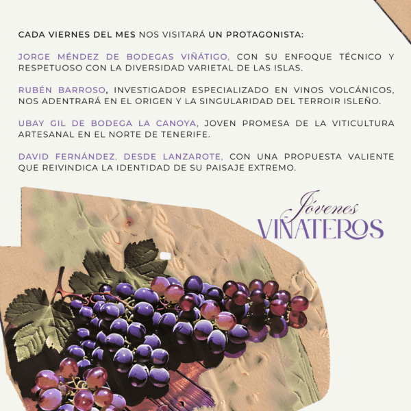 Más que catas, serán encuentros cercanos para degustar, conversar y aprender directamente de quienes están dando forma al futuro del vino en Canarias. Cada sesión incluirá una selección de vinos comentados, además de pequeños bocados pensados para acompañar y realzar la experiencia.